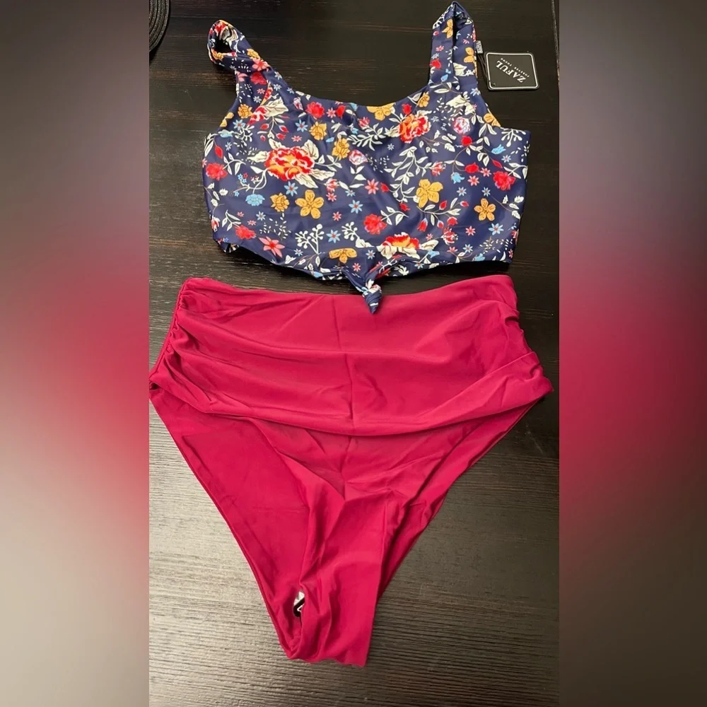 ZAFUL Women's Two Piece High Waisted Tankini Scoop Neck Knotted